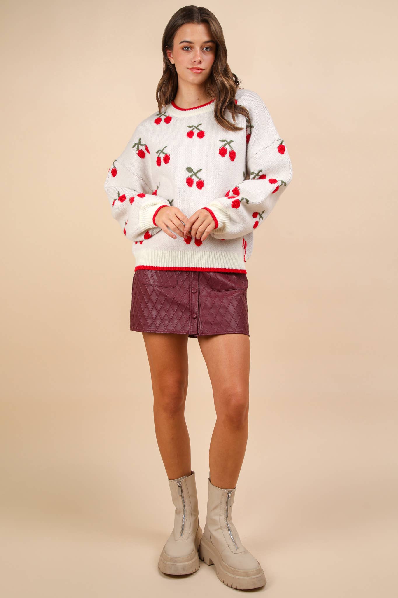 Oversized Cherry Graphic Knit Sweater Top