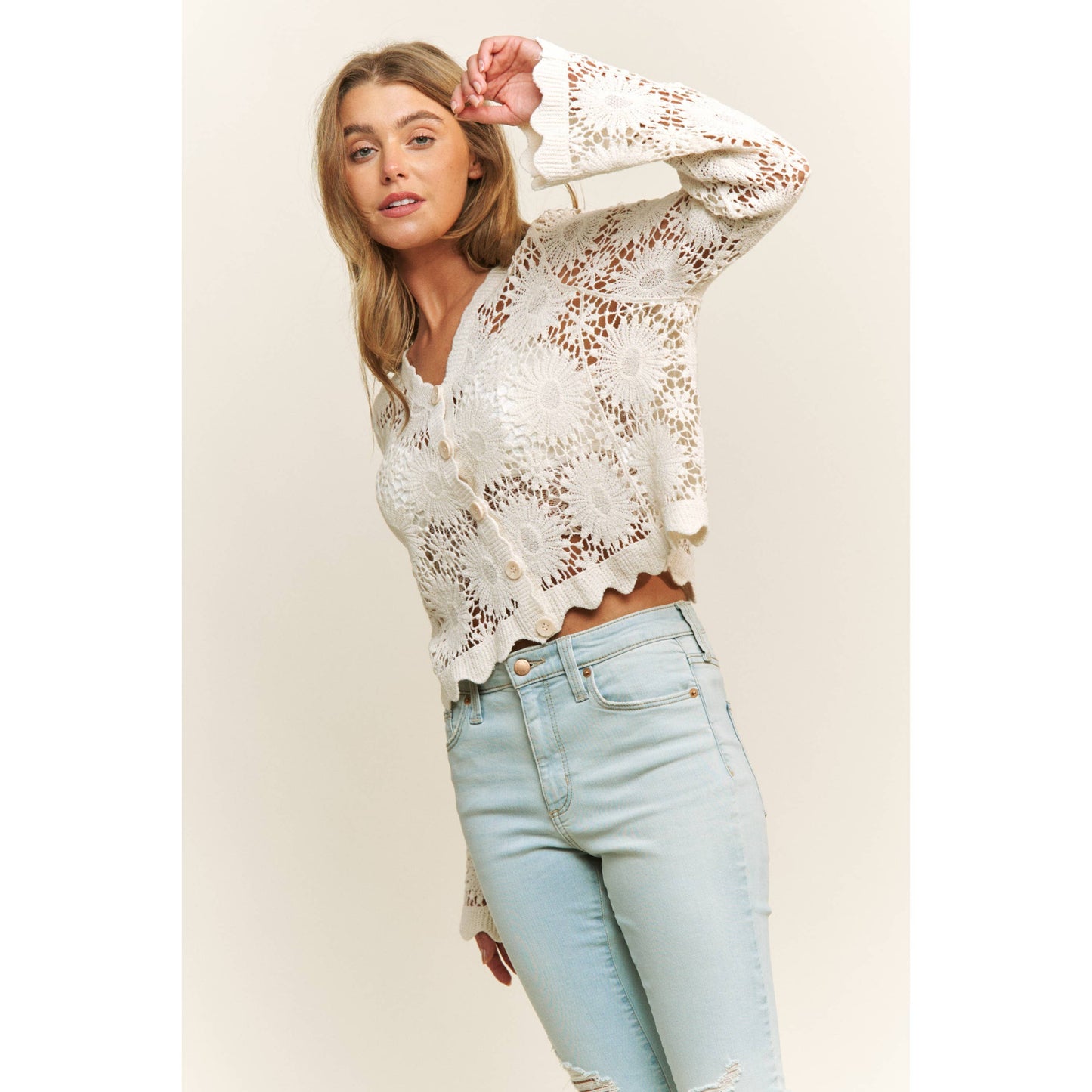 SCALLOP LACE FLORAL CROCHET BUTTON DOWN TOP
