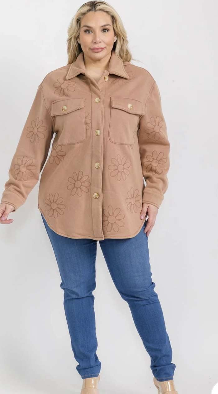 Plus Floral Embroidered Button Up
