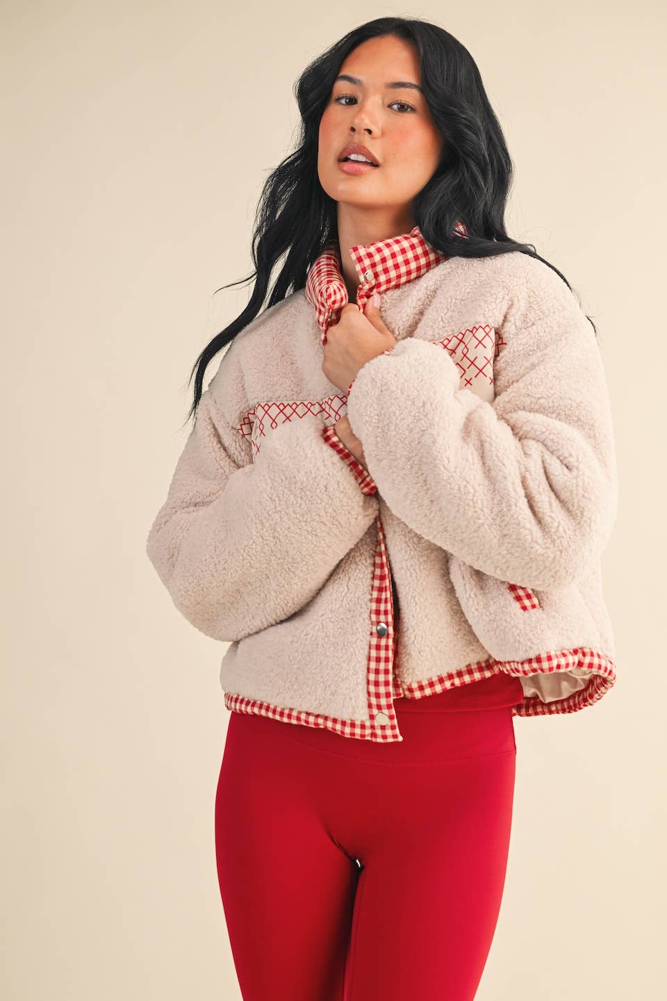 Cozy Sherpa Jacket with Gingham Lining and Holiday Trim