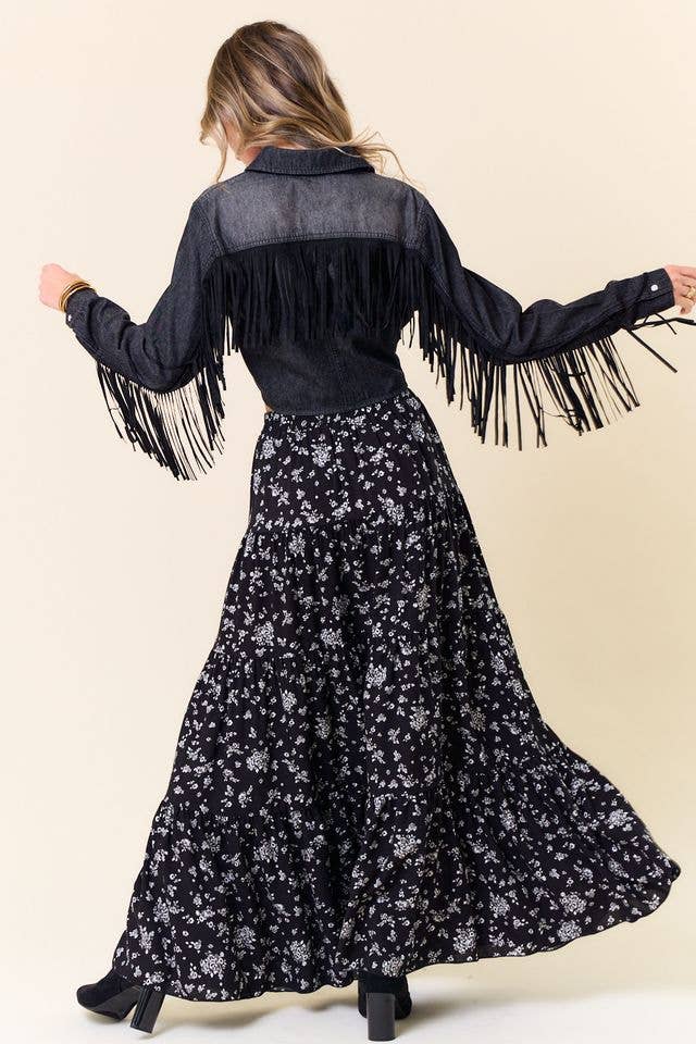 BLACK FLORAL TIERED MAXI SKIRT W/POCKETS