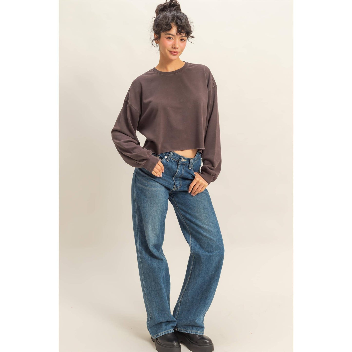 Cropped Crewneck Sweatshirt With Oversized Sleeves
