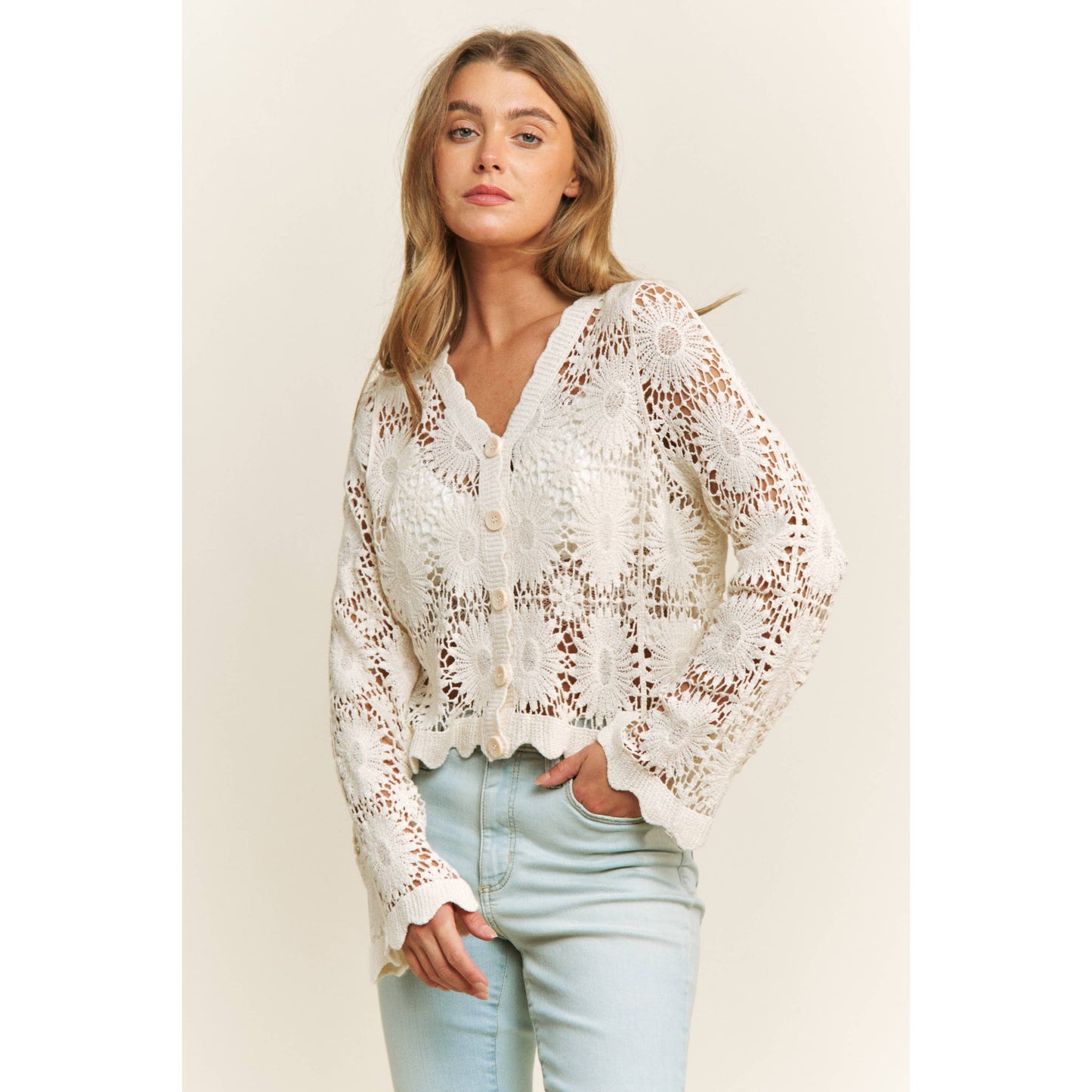 SCALLOP LACE FLORAL CROCHET BUTTON DOWN TOP