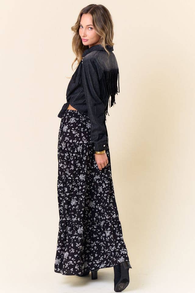 BLACK FLORAL TIERED MAXI SKIRT W/POCKETS