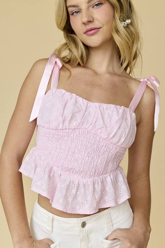 Aurora Shoulder Tie Smocked Waist Eyelet Top