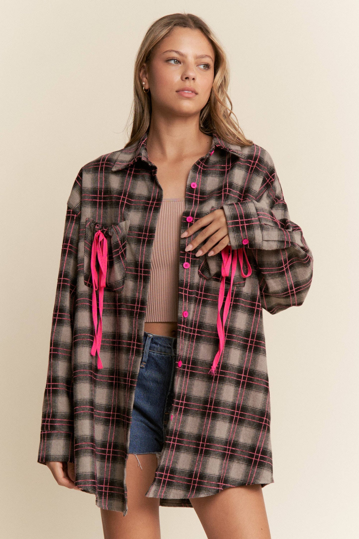 Plaid Ribbon Detail Button Down Top