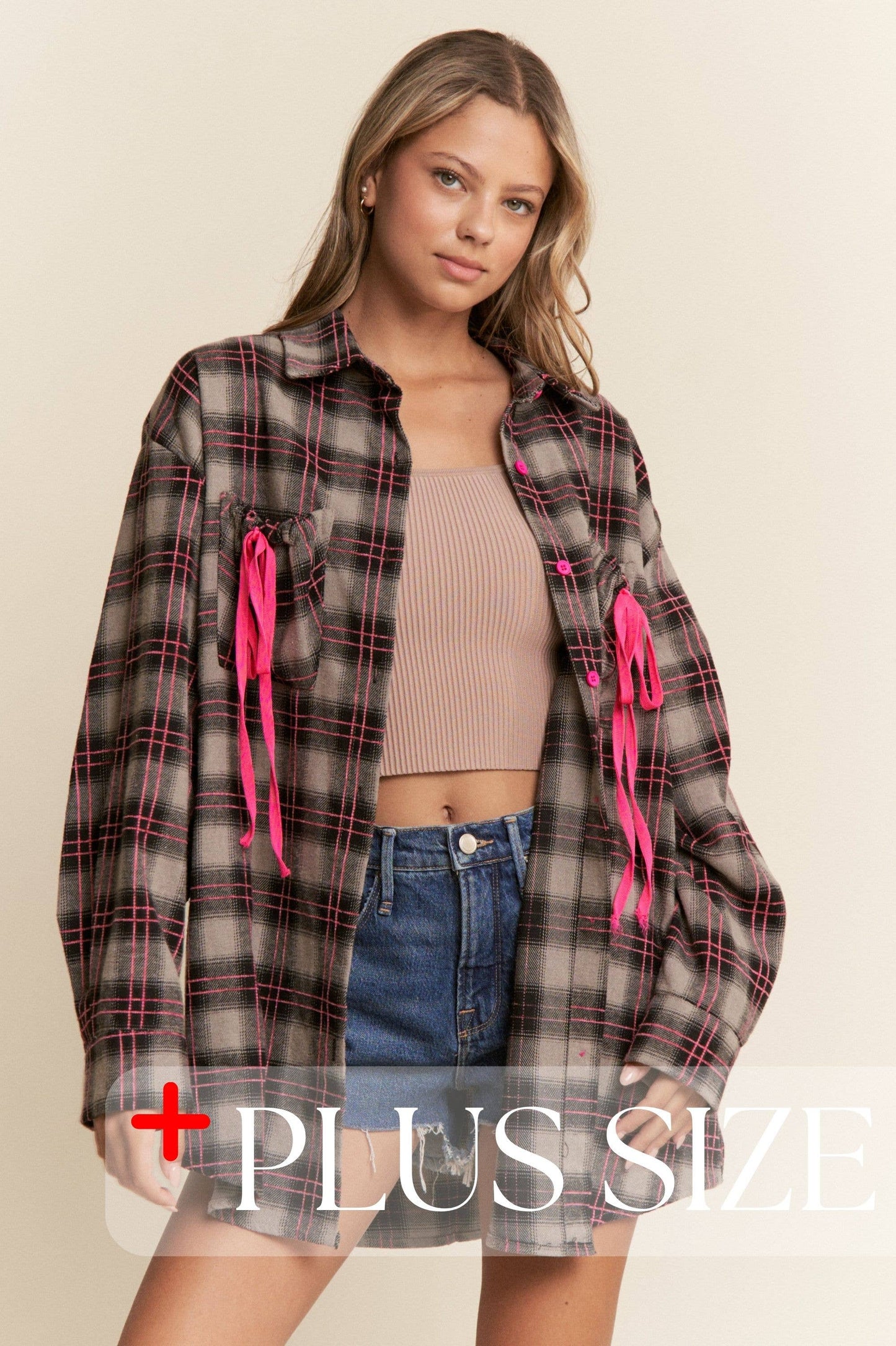 Plaid Ribbon Detail Button Down Top
