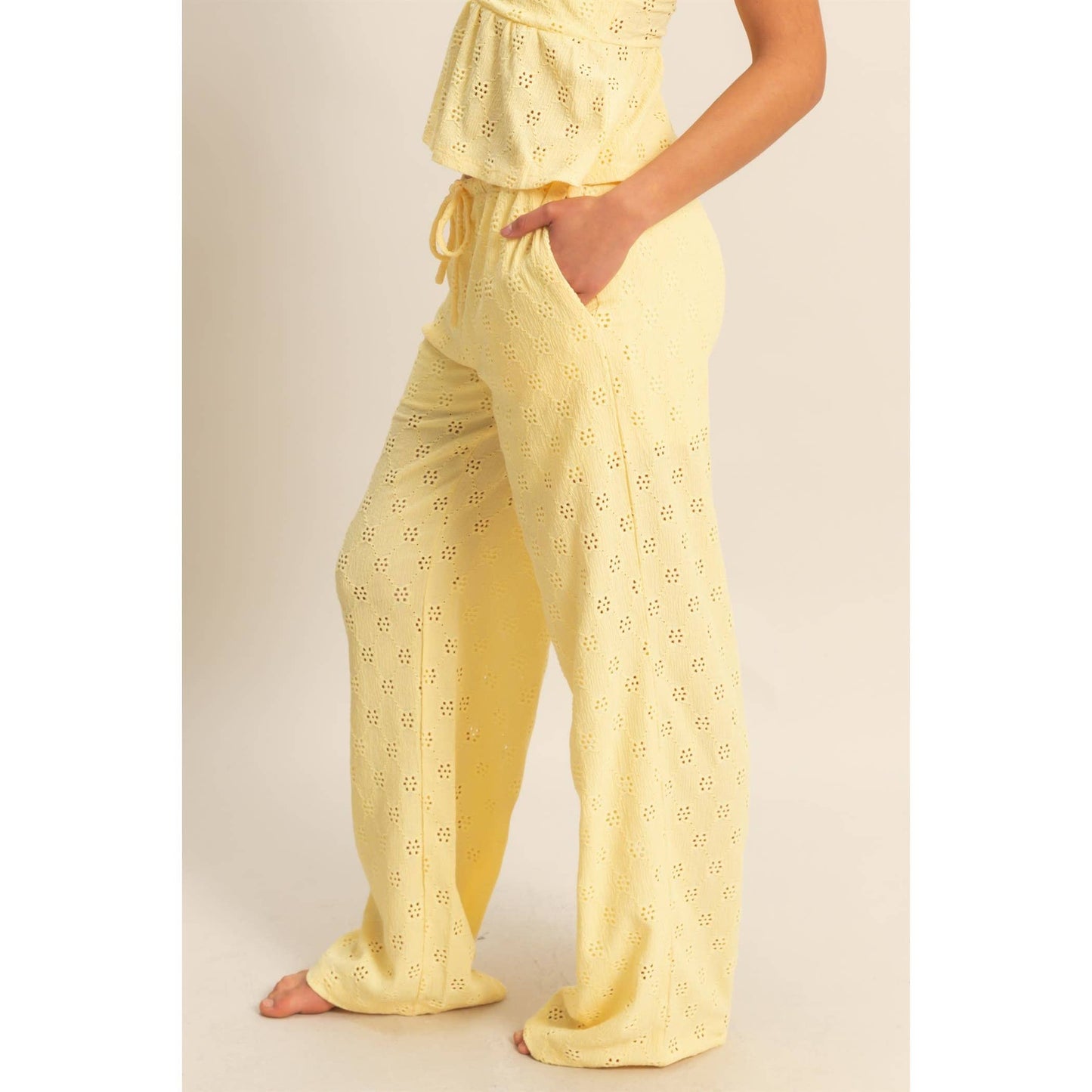 Eyelet Knit High Waist Drawstring Pants