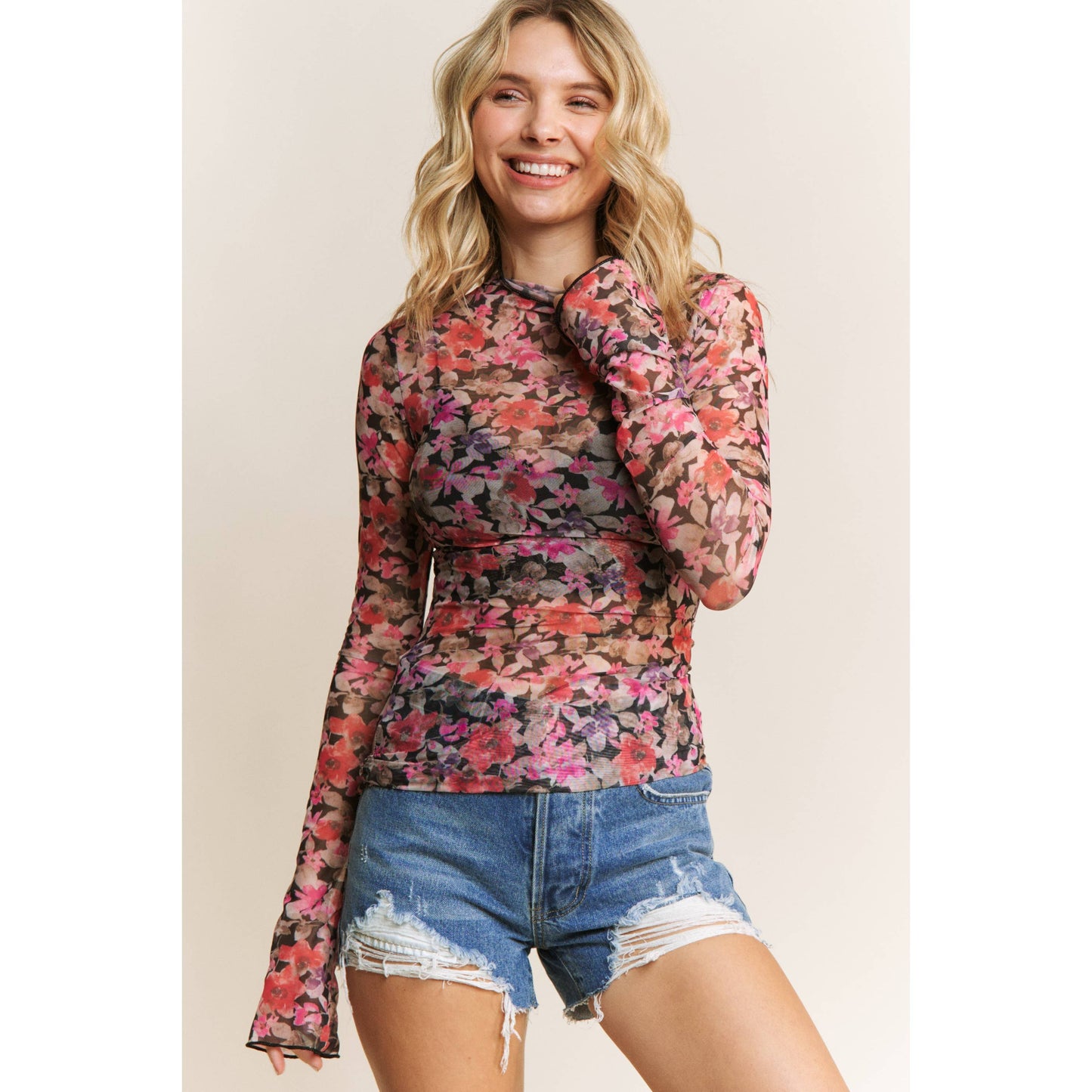 Floral Print Mesh High Neck