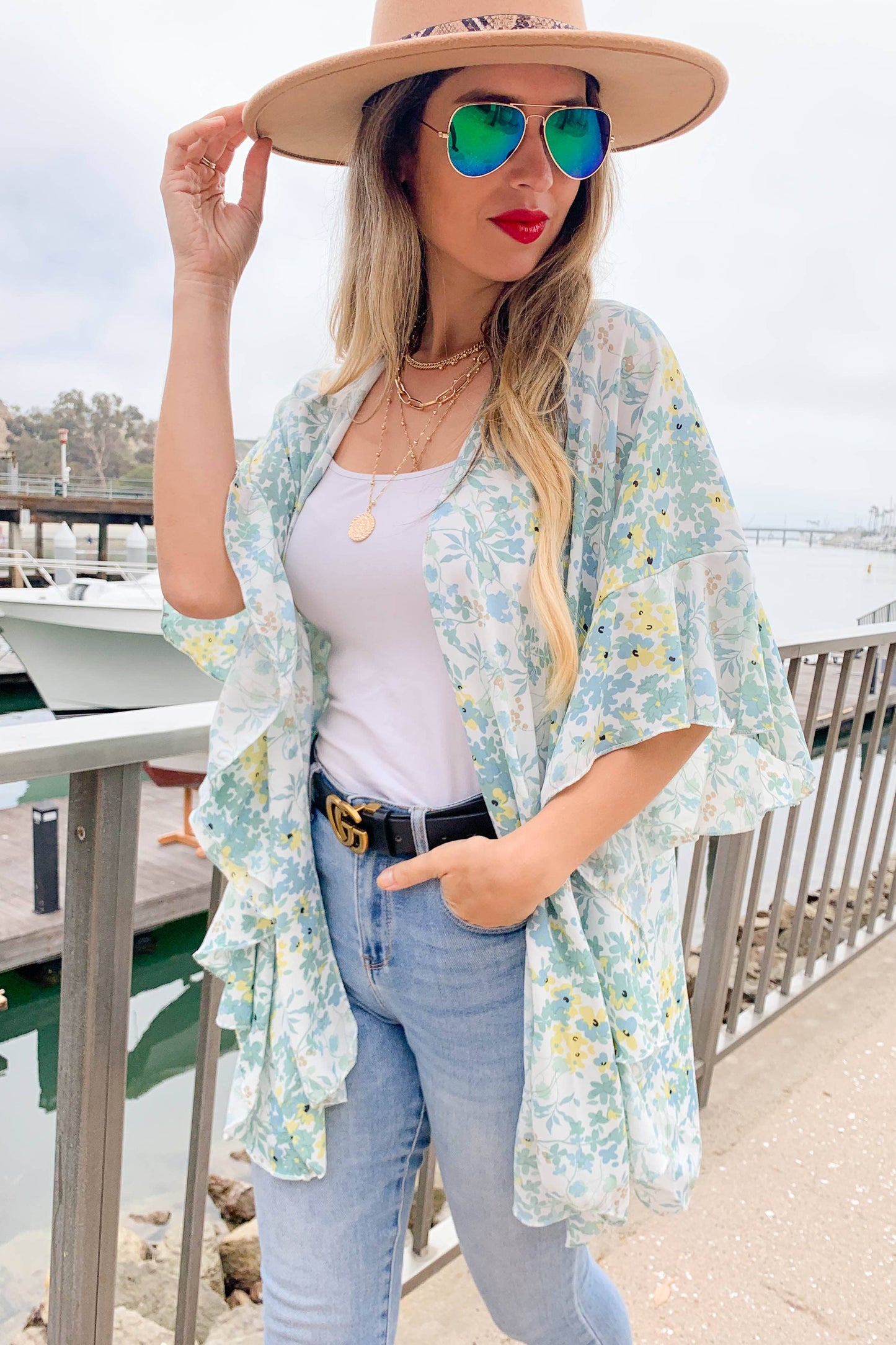 Sage Floral Printed Ruffle Sleeve Kimono Cover Up