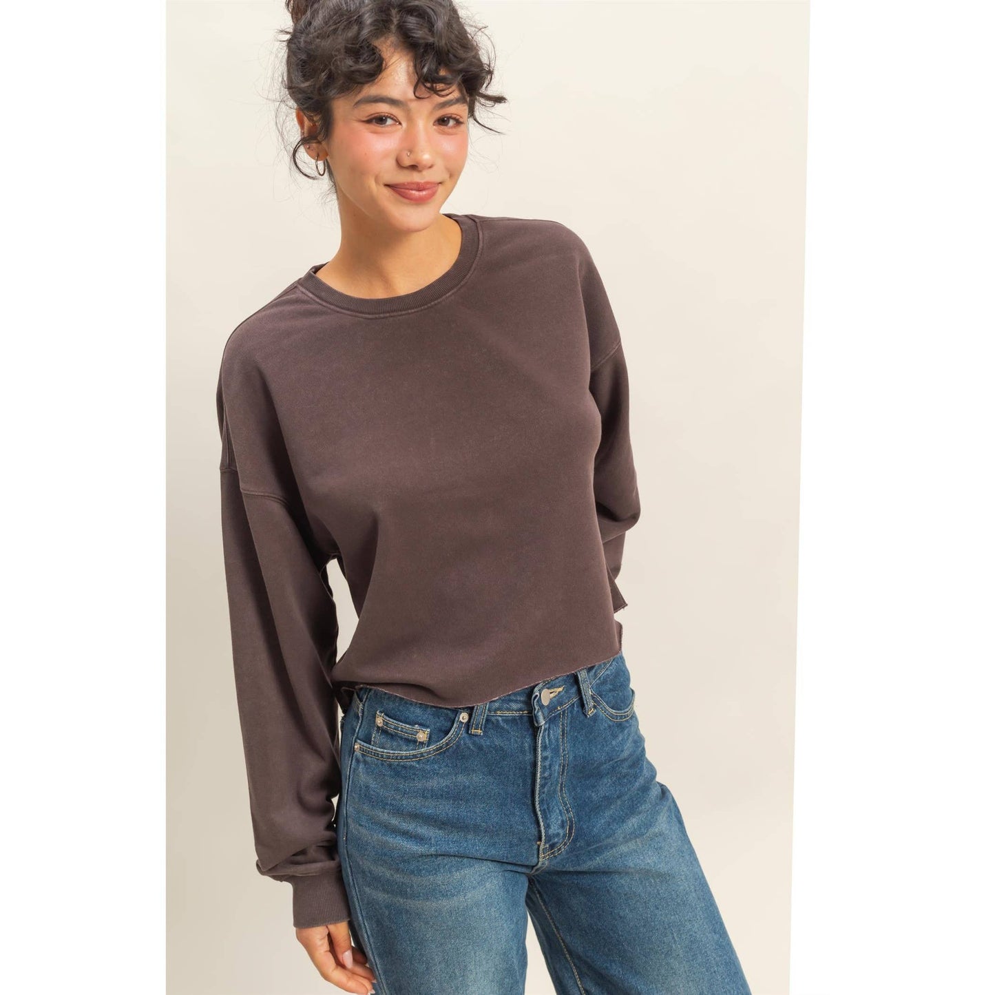 Cropped Crewneck Sweatshirt With Oversized Sleeves