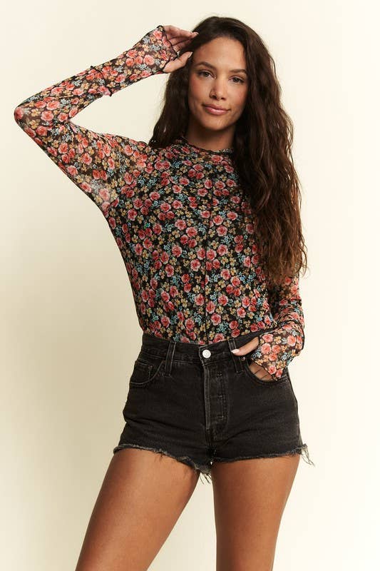MOCKNECK FLORAL PRINT STRETCHY MESH TOP