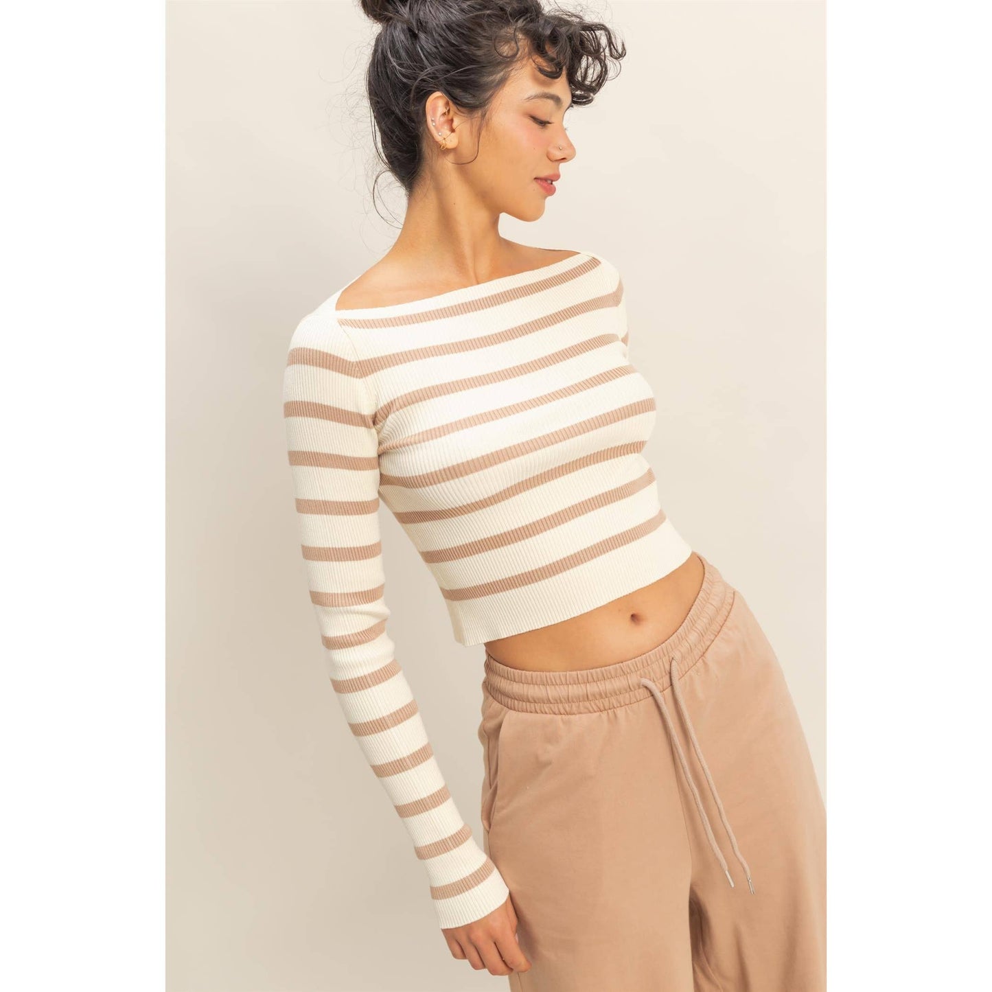 Striped Boatneck Long-Sleeve Crop Knit Top
