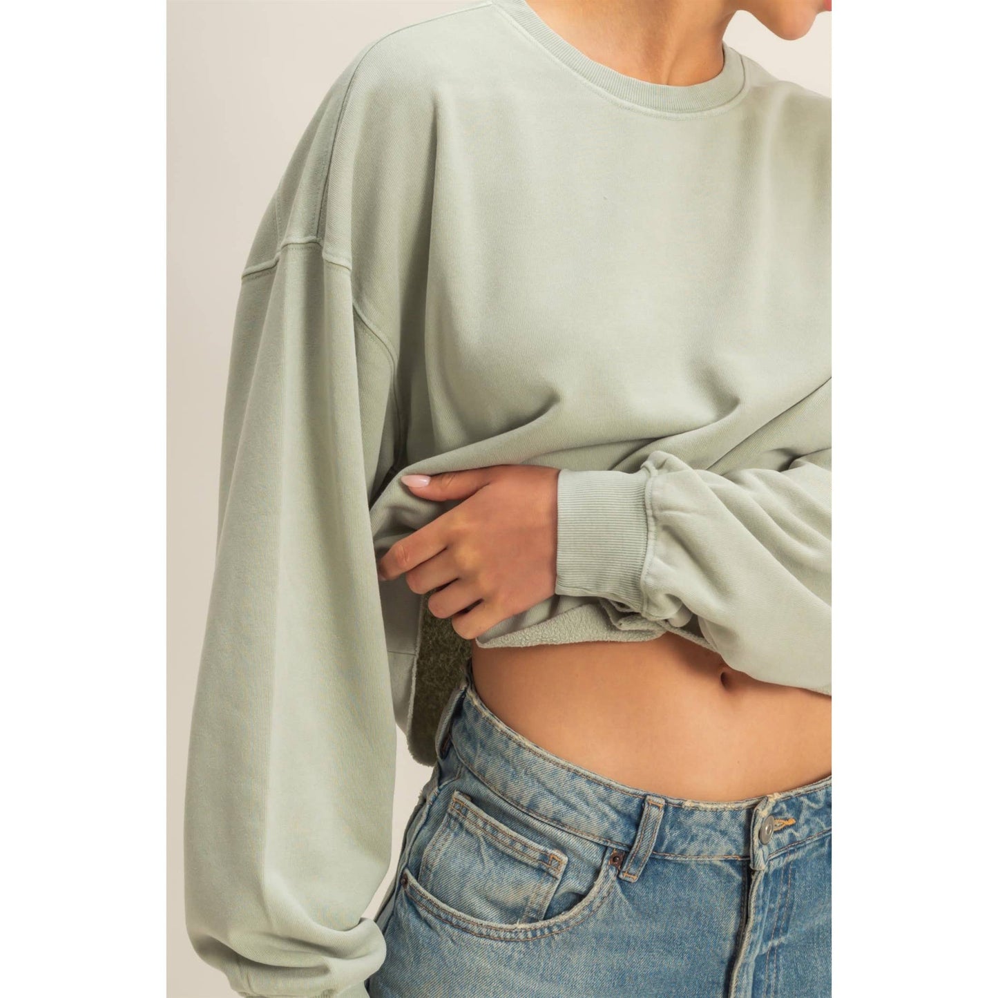 Cropped Crewneck Sweatshirt With Oversized Sleeves
