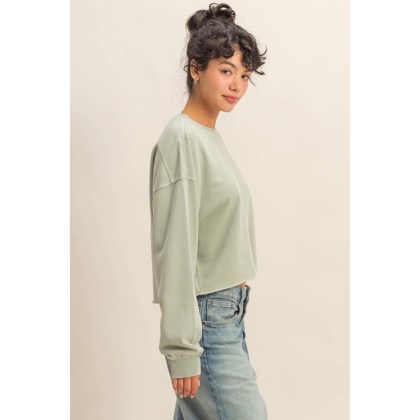 Cropped Crewneck Sweatshirt With Oversized Sleeves