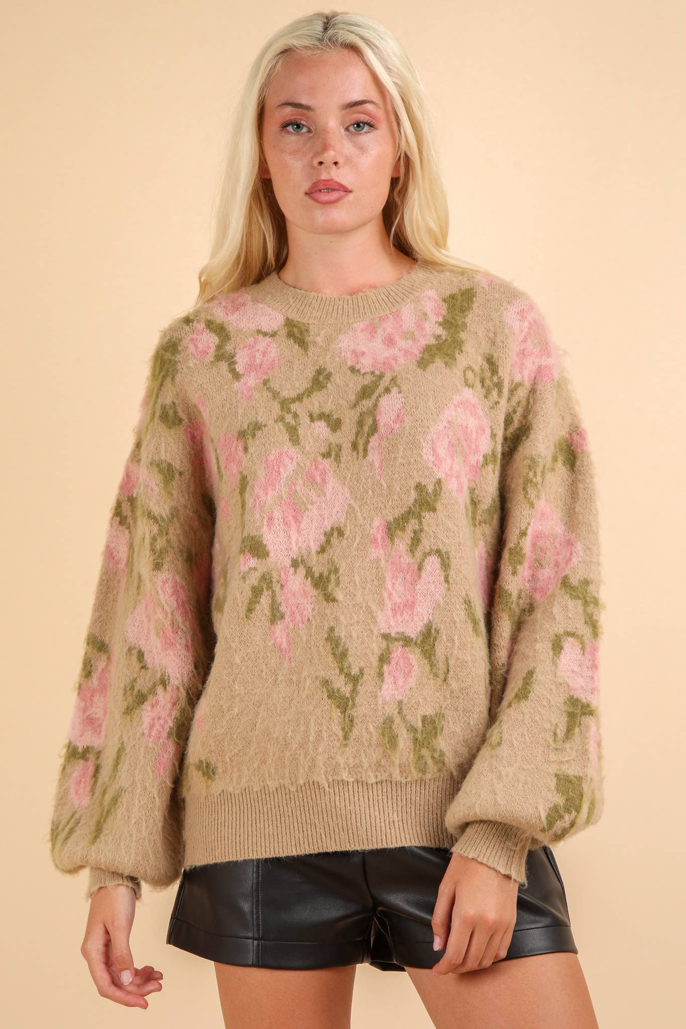 Soft Cozy Floral Print Knit Sweater Top