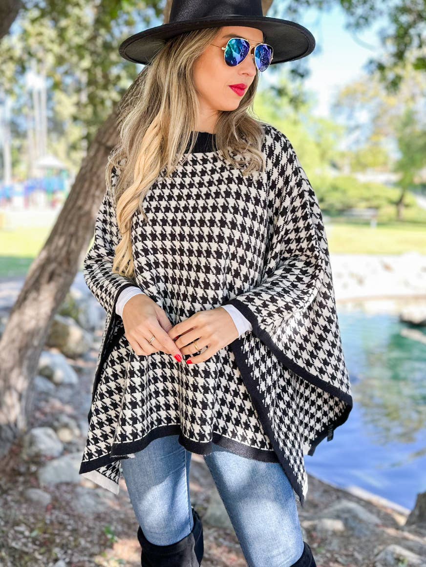 Checked & Chic Houndstooth Knit Poncho