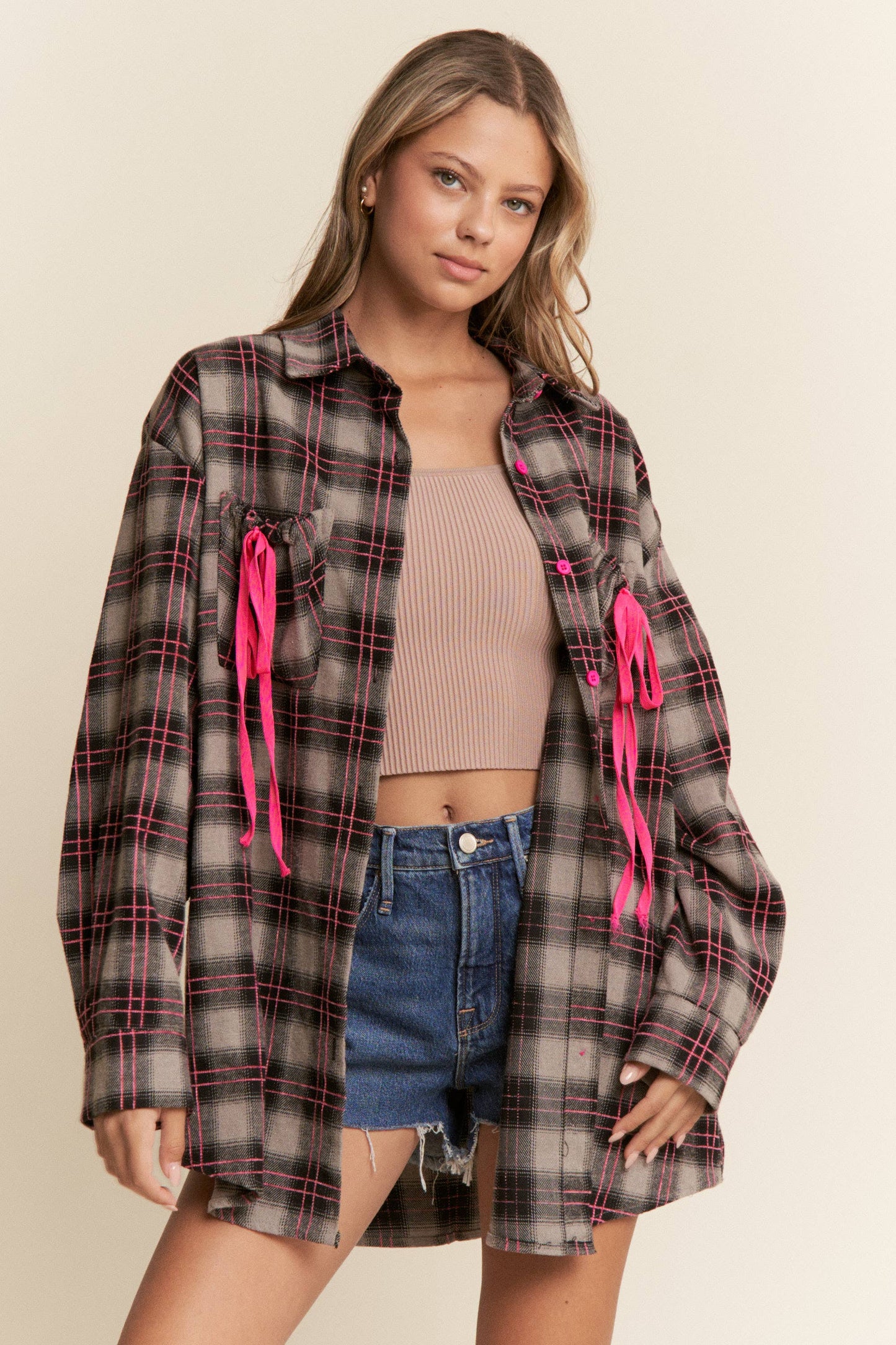 Plaid Ribbon Detail Button Down Top