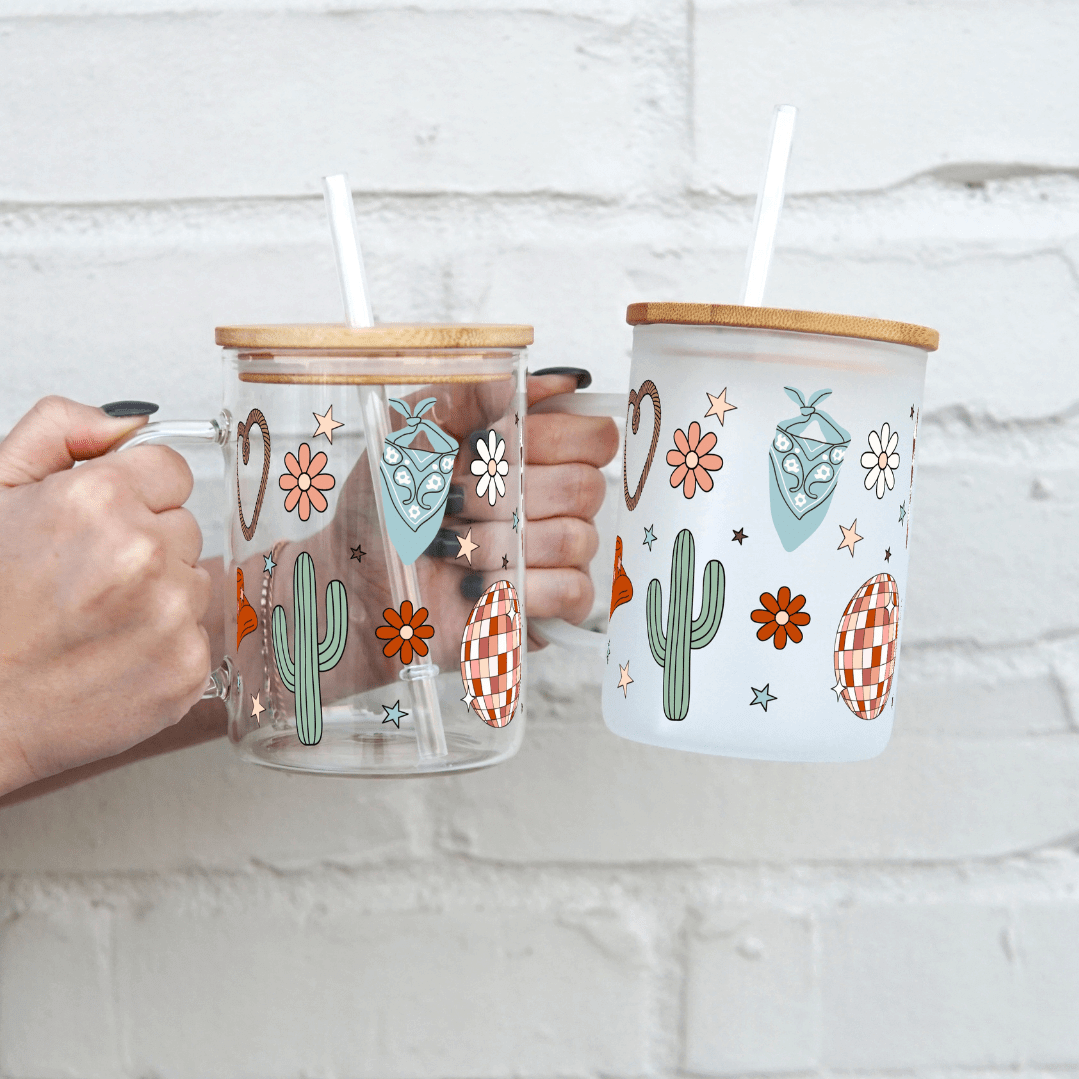 Boho Disco Western Cowgirl 17oz Glass Mug with Lid and Straw