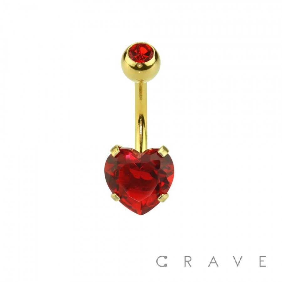 GOLD PLATED PRONG SET HEART CZ 316L SS NAVEL RING