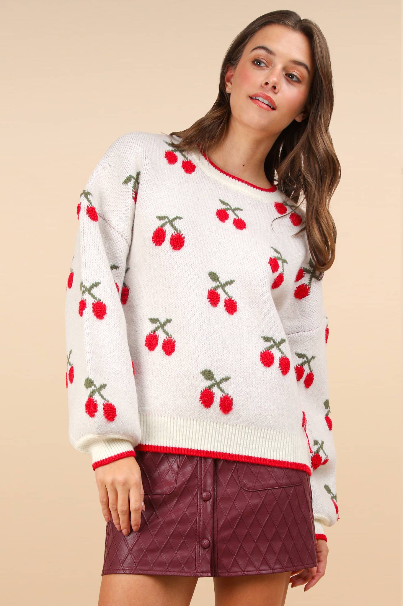 Oversized Cherry Graphic Knit Sweater Top