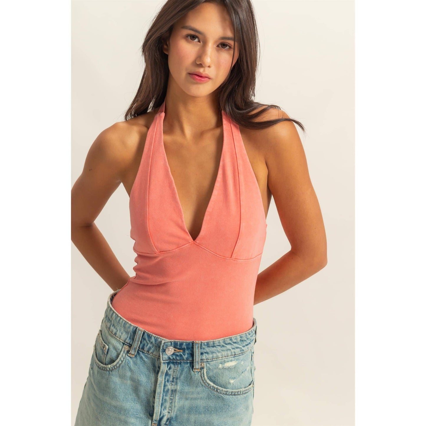 Halter Neck Bust Seam Acid Washed Top