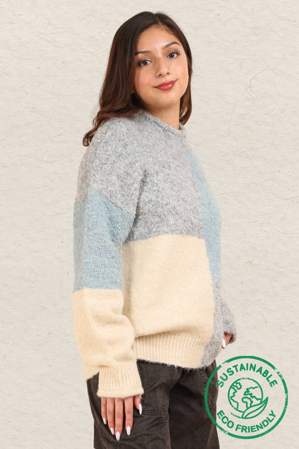 ECO Oversized Color Block Cozy Knit Sweater Top