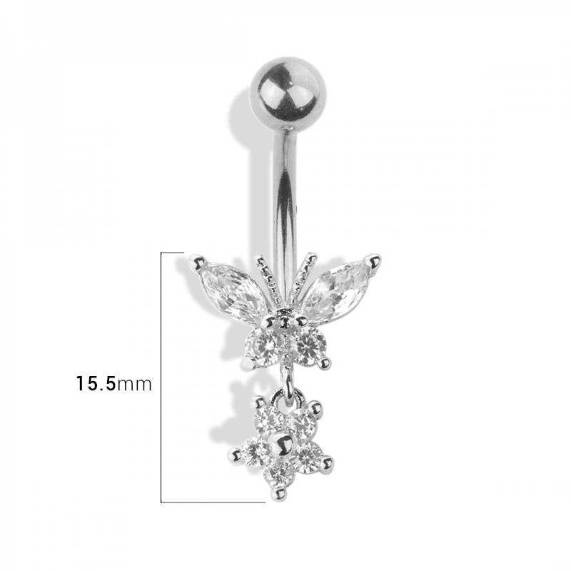 BUTTERFLY AND FLOWER DANGLE 316L SURGICAL STEEL NAVEL RING