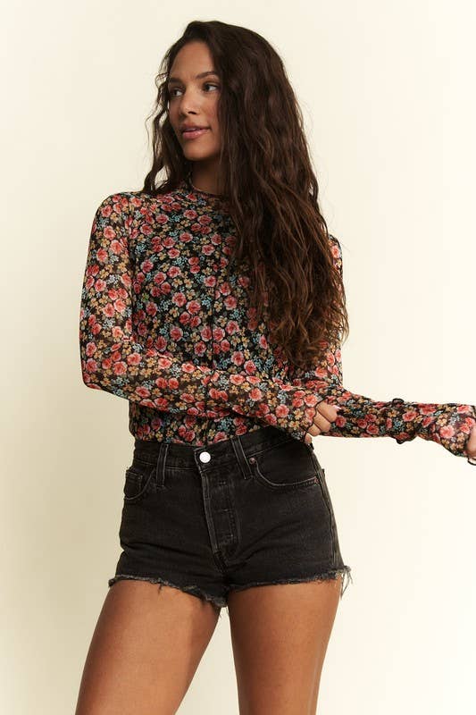 MOCKNECK FLORAL PRINT STRETCHY MESH TOP