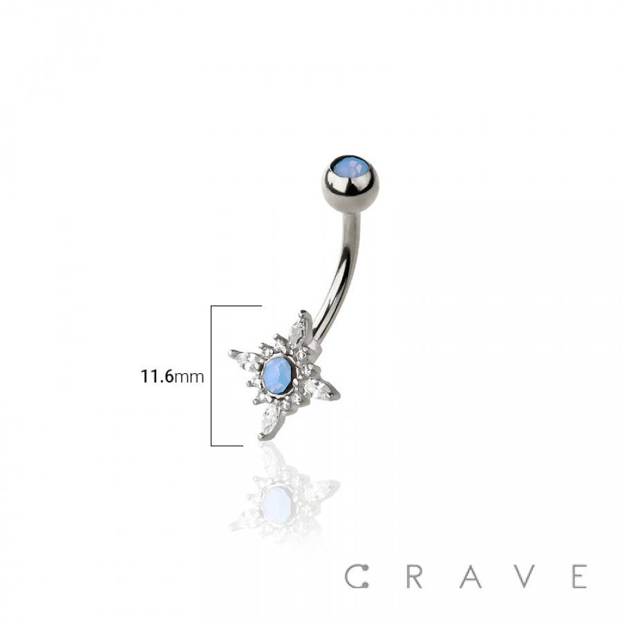 316L SURGICAL STEEL STAR BURST CZ AND OPAL STONE NON DANGLE