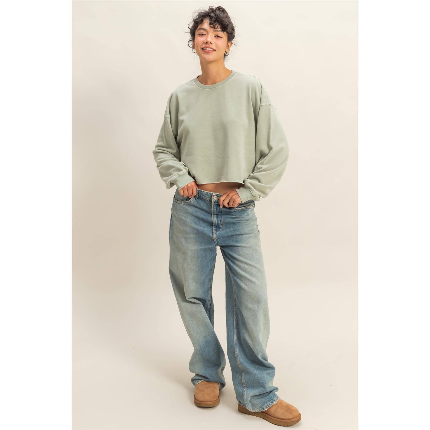 Cropped Crewneck Sweatshirt With Oversized Sleeves