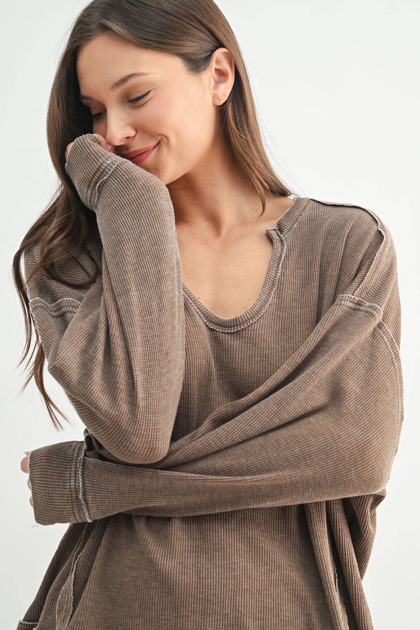 MonoB Cotton Blend Waffle Knit Oversized Long Sleeve