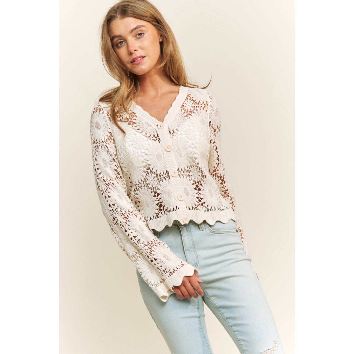 SCALLOP LACE FLORAL CROCHET BUTTON DOWN TOP