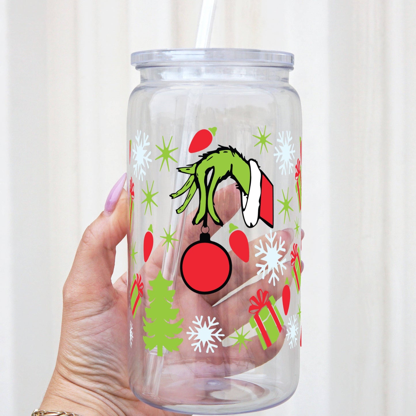 Christmas Hand With Ornament Glass Can Cup With Lid and Straw