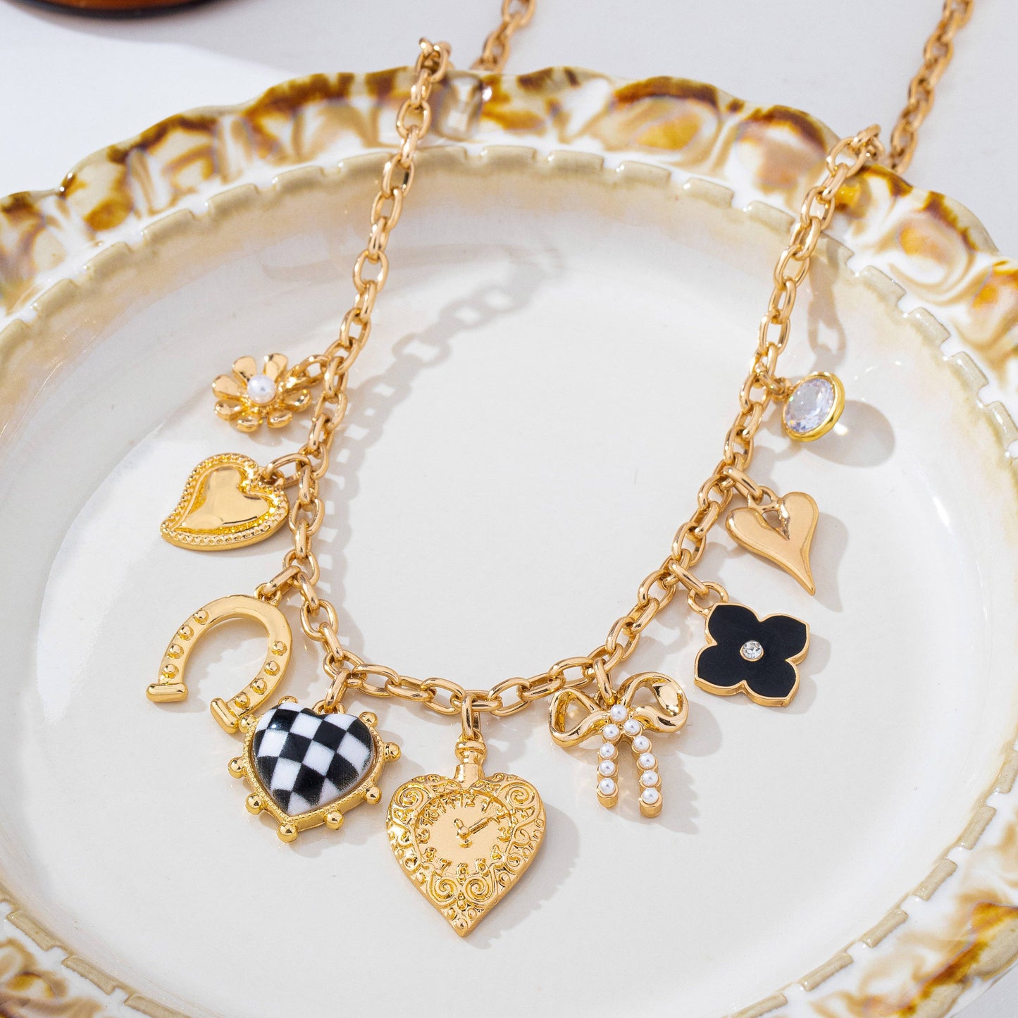 Checkered HeartPearl Bow Multi-Charm Link Necklace
