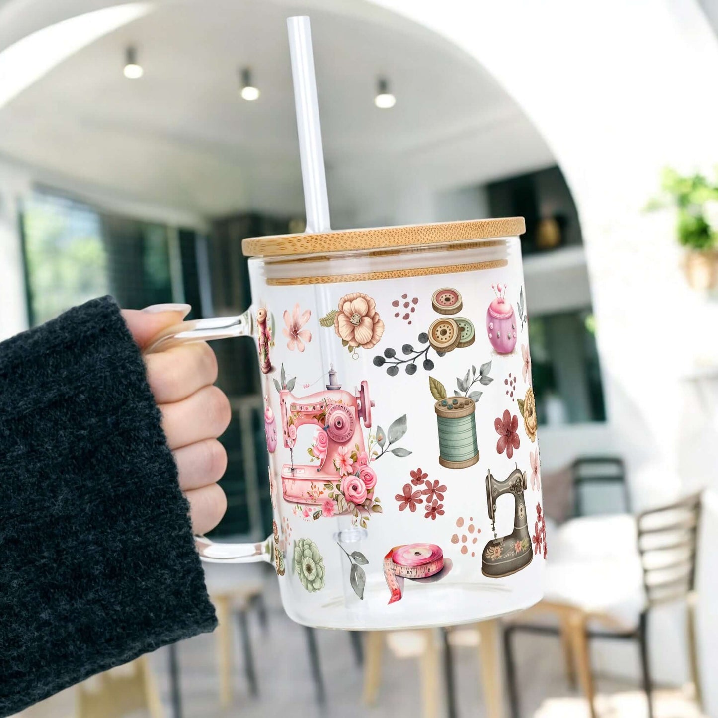 Sewing Clear Glass Mug With Lid and Straw