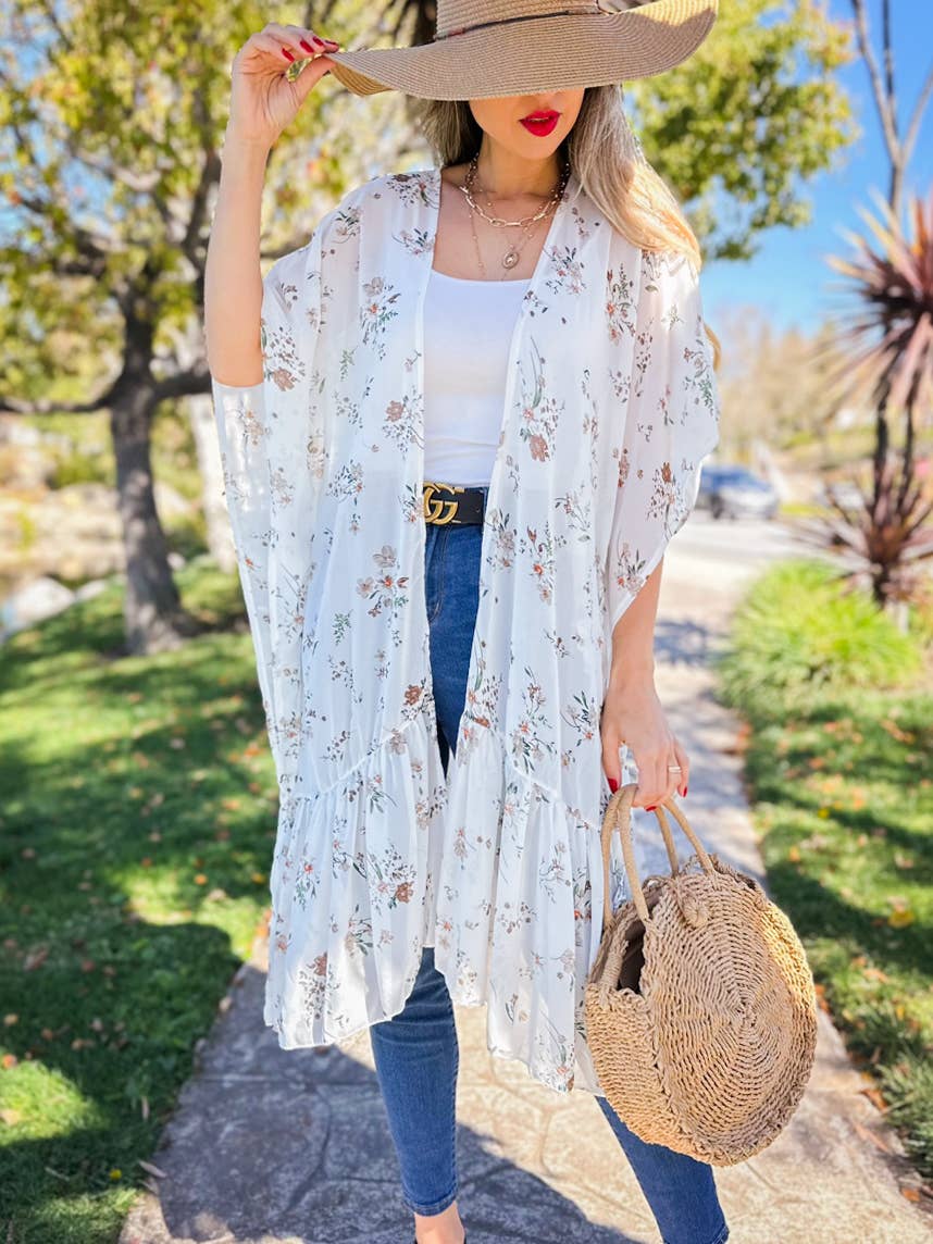 Ivory Floral Printed Ruffle Bottom Chiffon Kimono Cover Up