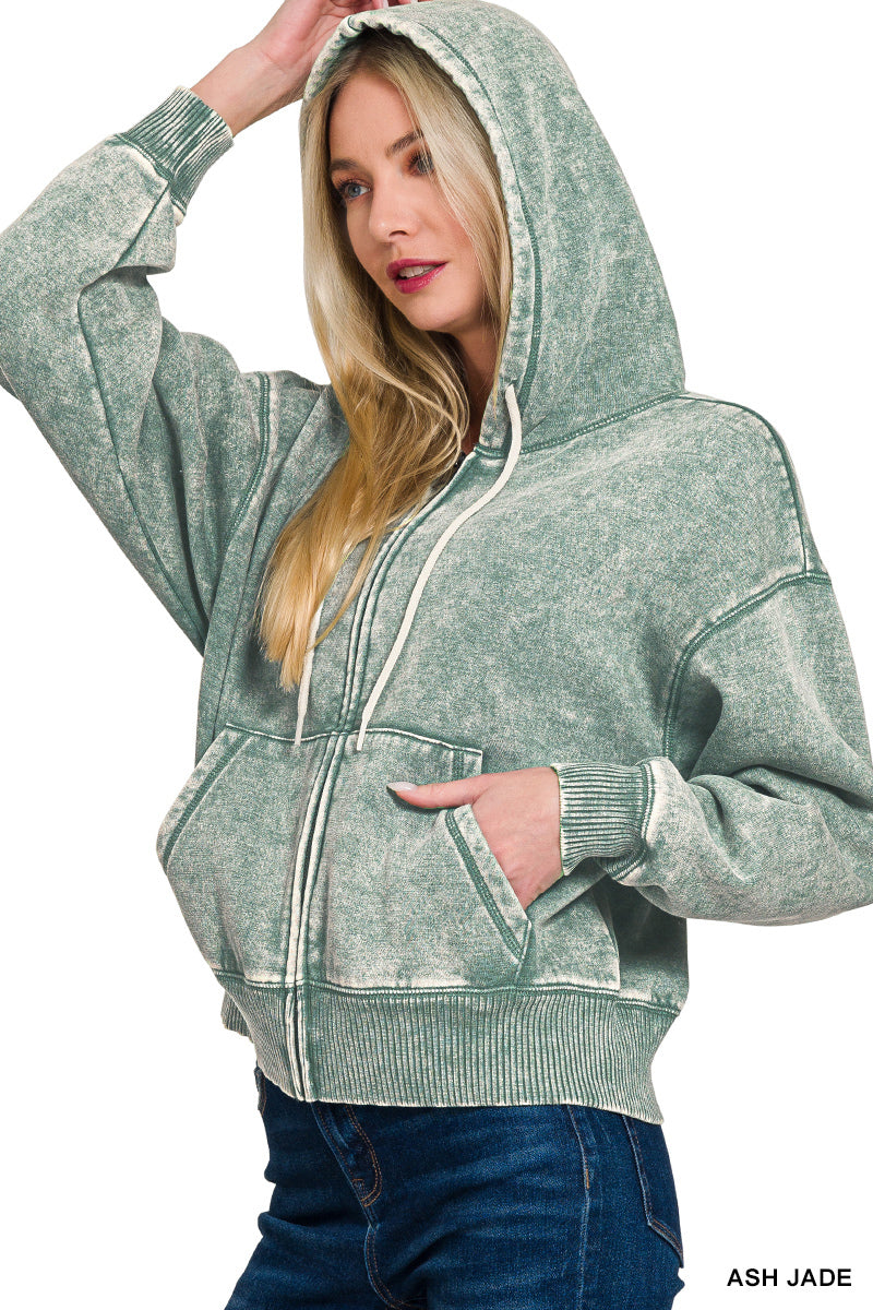 Zenana Acid Wash Crop Zip Up