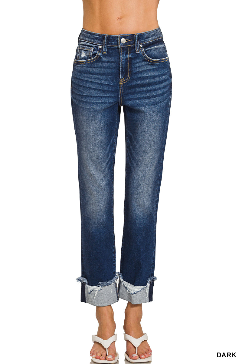 Zenana Cuffed Distressed Straight Leg