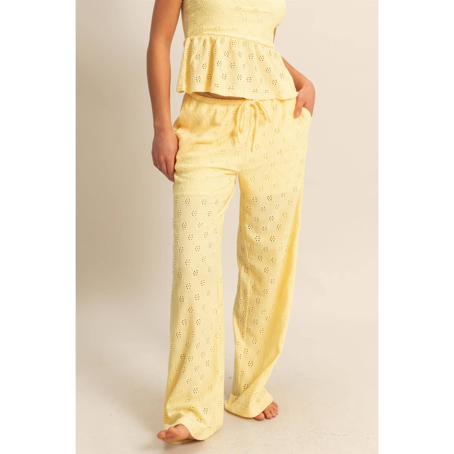 Eyelet Knit High Waist Drawstring Pants