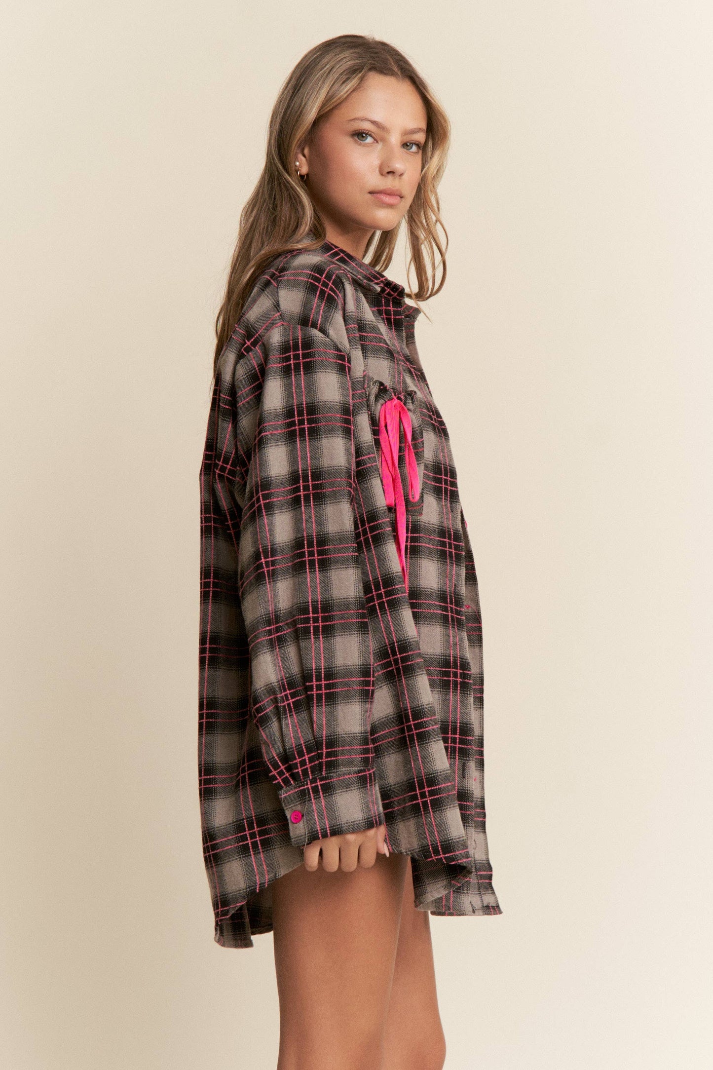 Plaid Ribbon Detail Button Down Top
