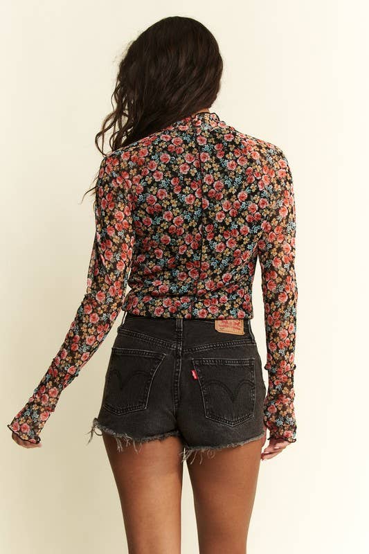 MOCKNECK FLORAL PRINT STRETCHY MESH TOP
