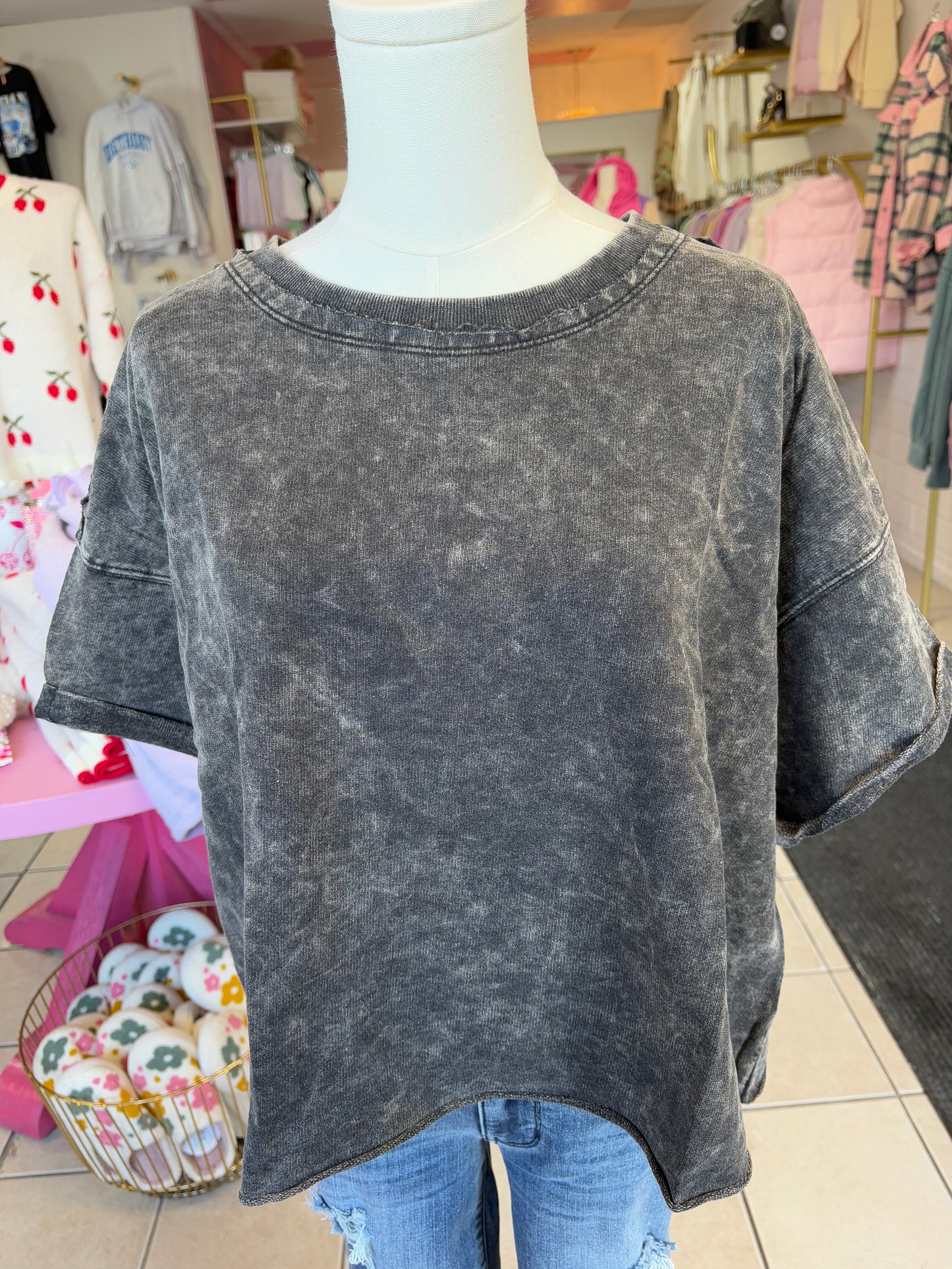 Zenana Washed Raw Edge Sleeve Crop Tee