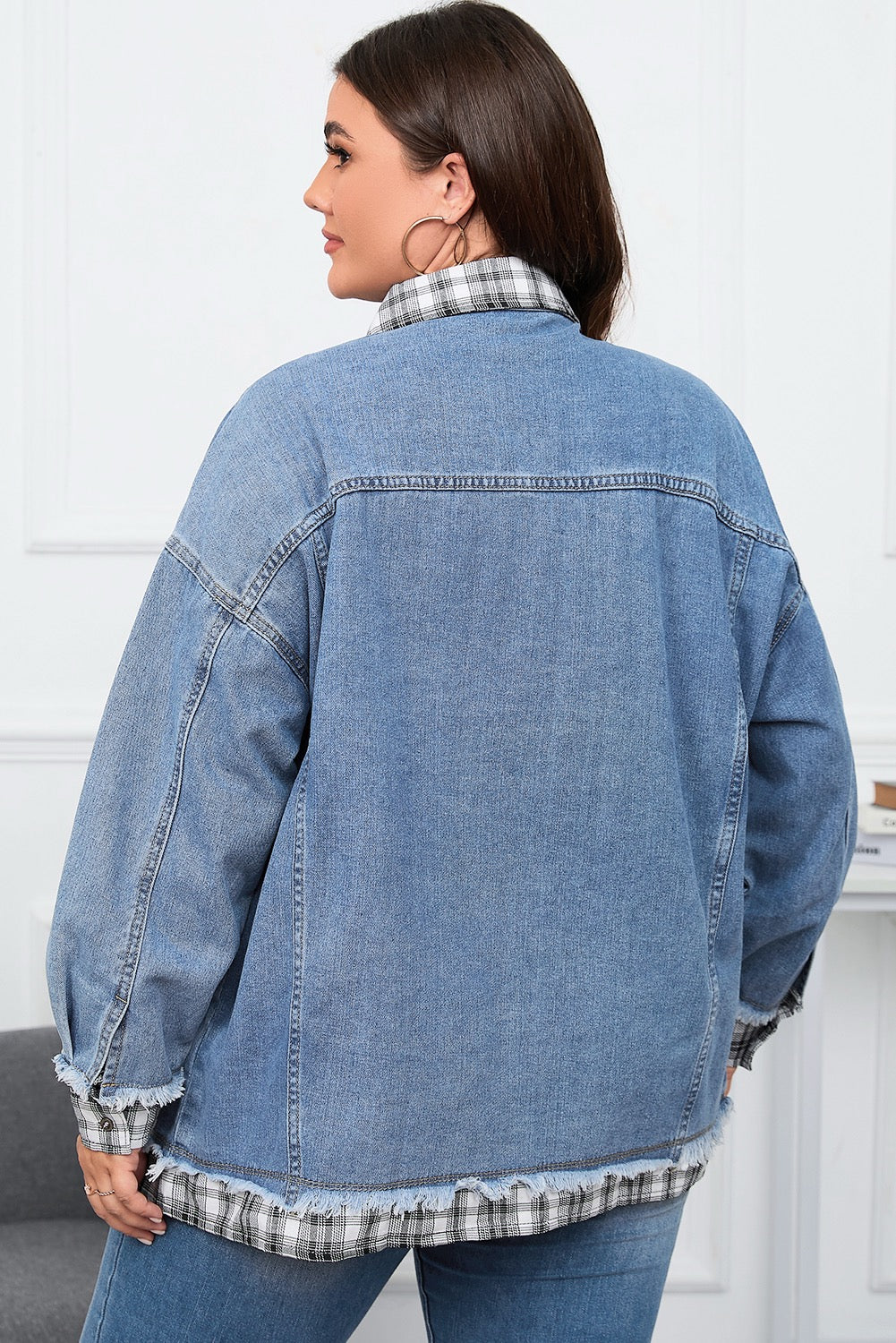 Plus Denim Plaid Trim Jacker