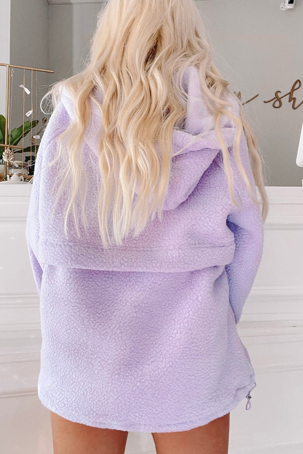 Lavender Zipped Pocket Sherpa Drawstring Hoodie