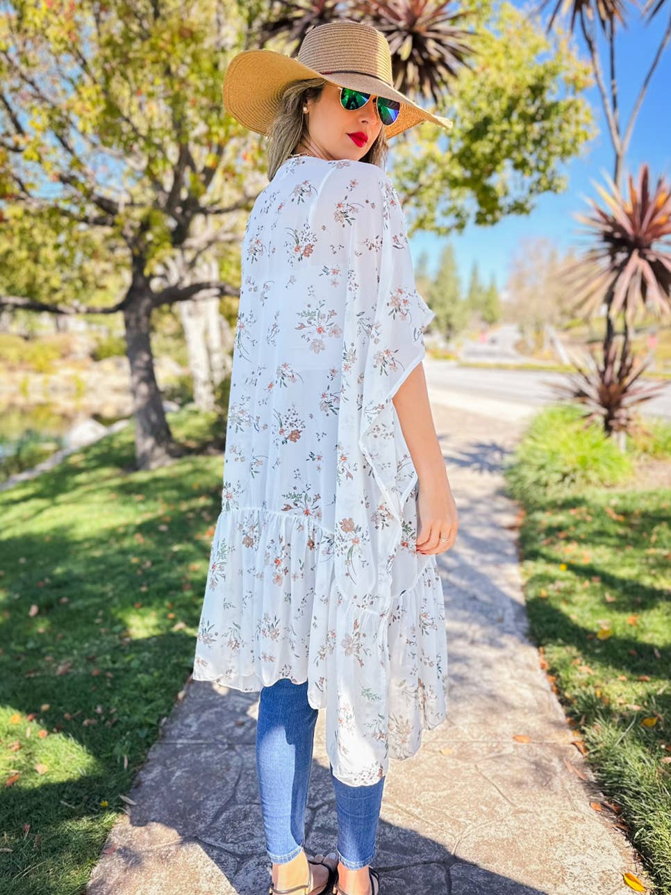 Ivory Floral Printed Ruffle Bottom Chiffon Kimono Cover Up