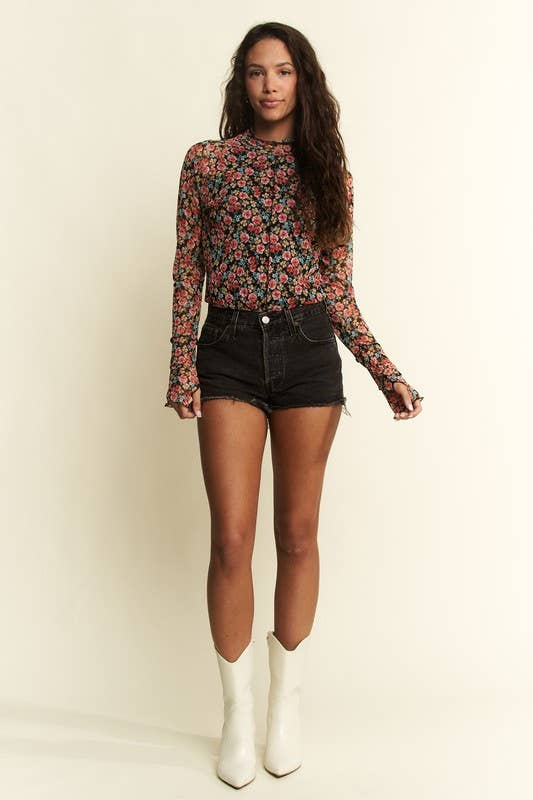 MOCKNECK FLORAL PRINT STRETCHY MESH TOP