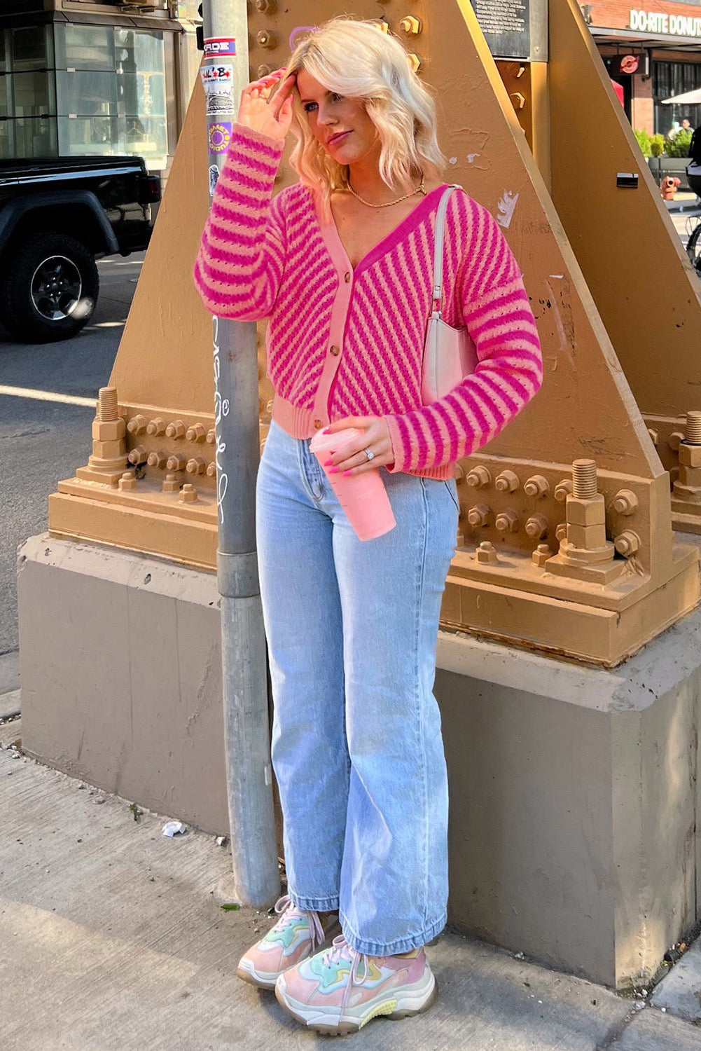 Pink Striped Buttoned Sweater