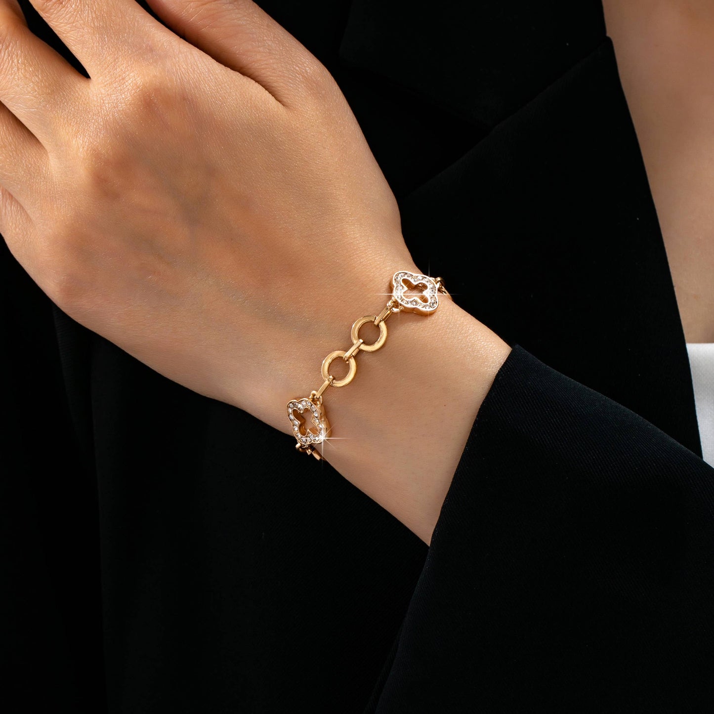 Pave Crystal Clover Link Bracelet With Toggle Clasp