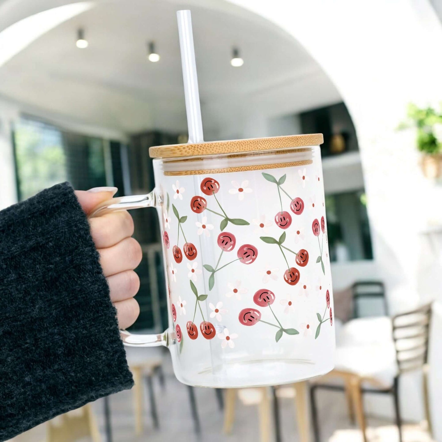 Smiley Cherry 17oz Glass Mug With Lid and Straw